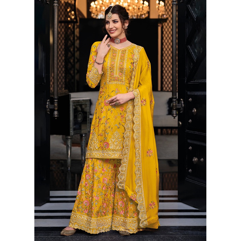 Yellow Chinon & Georgette Designer Palazzo Salwar Suit