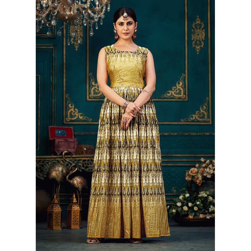 Yellow Multicolor Digital Foil Printed Ready to Wear Gown