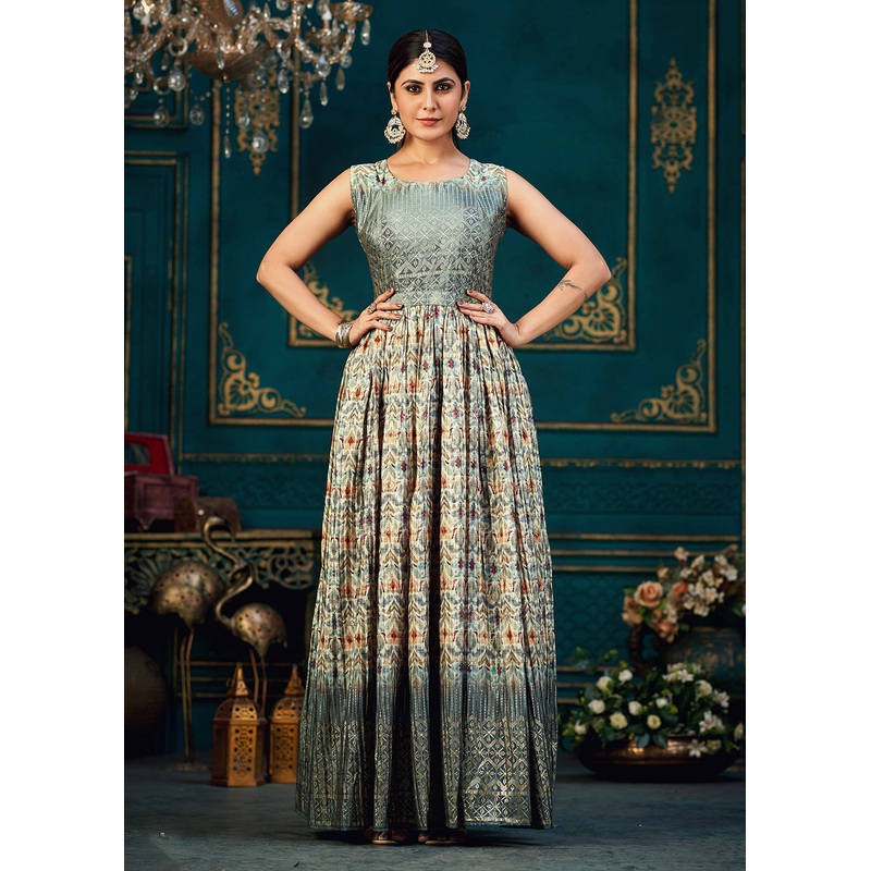 Zesty Multicolor Digital Foil Printed Ready to Wear Gown