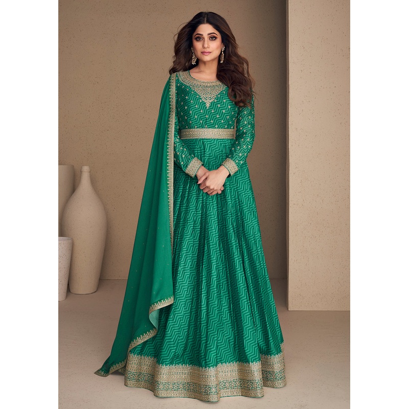 Alluring Chinon Silk Aqua Green Embroidered Engagement Wear Anarkali