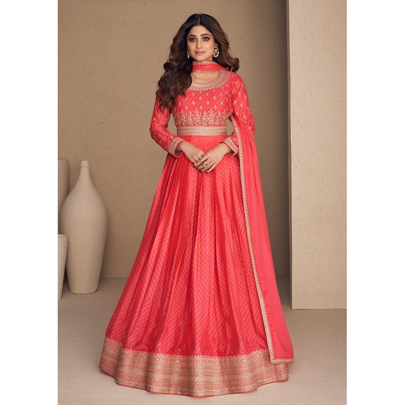Alluring Chinon Silk Peachy Orange Embroidered Engagement Wear Anarkali