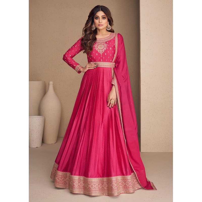 Alluring Chinon Silk Pink Embroidered Engagement Wear Anarkali