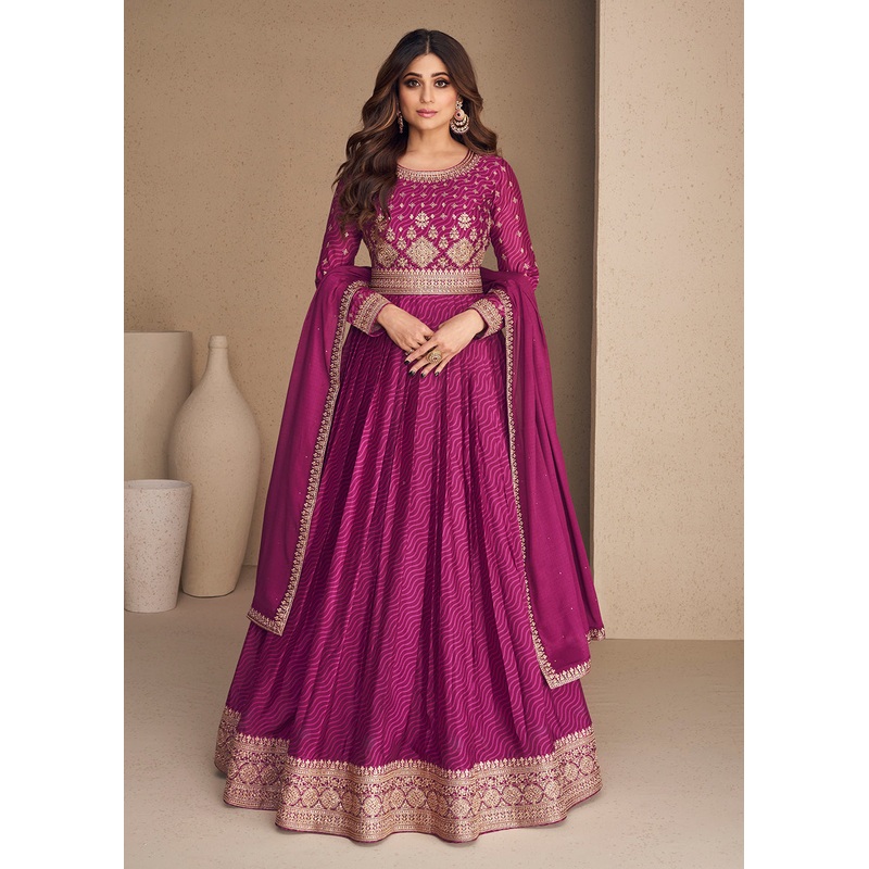 Alluring Chinon Silk Purple Embroidered Engagement Wear Anarkali