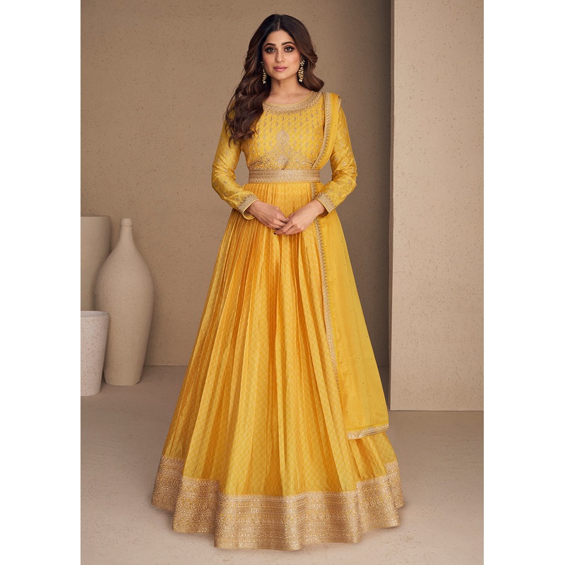 Alluring Chinon Silk Yellow Embroidered Engagement Wear Anarkali