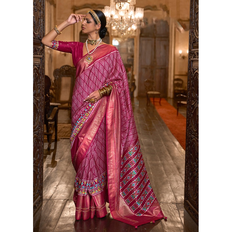 Astounding Pink Woven Zari & Printed Patola Silk Traditional Saree
