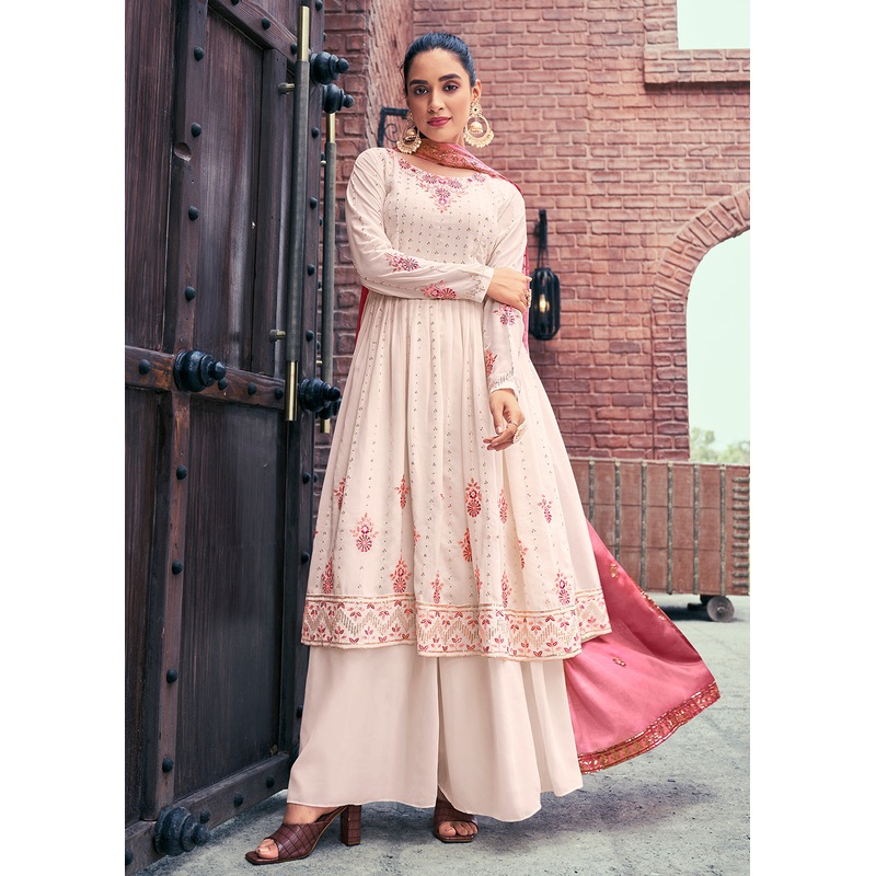 Attractive Georgette Baby Pink Embroidered Palazzo Salwar Suit