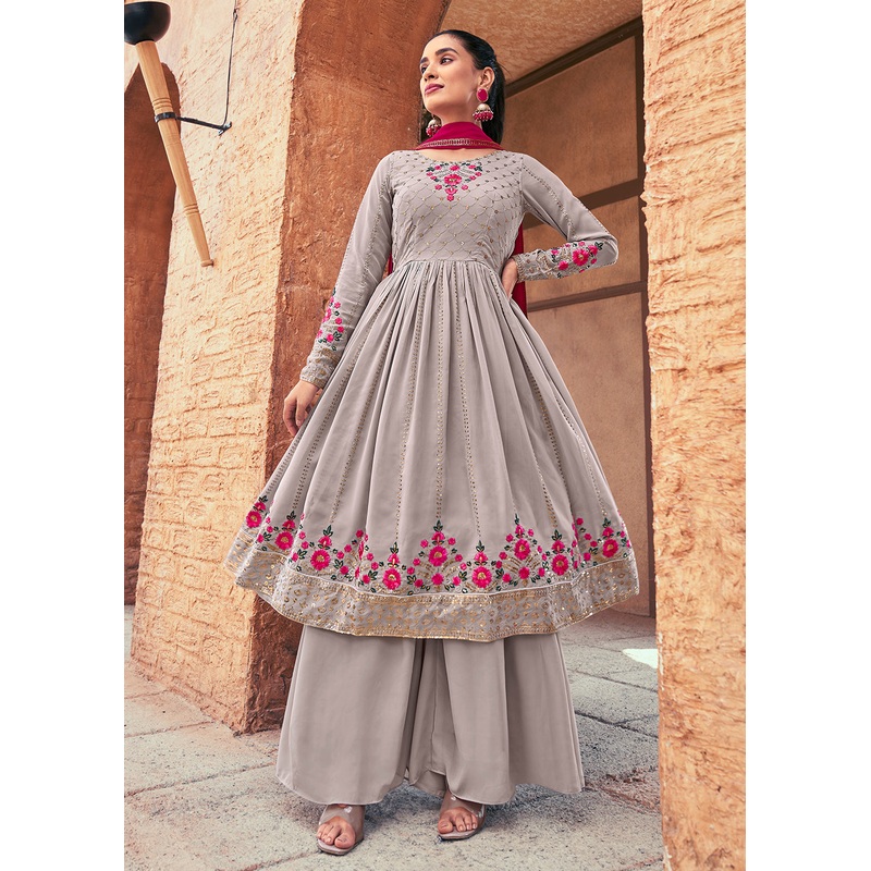 Attractive Georgette Grey Embroidered Palazzo Salwar Suit