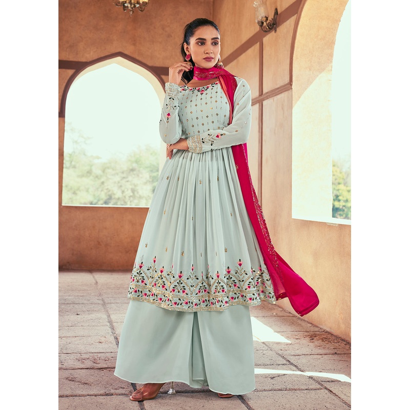 Attractive Georgette Sky Blue Embroidered Palazzo Salwar Suit
