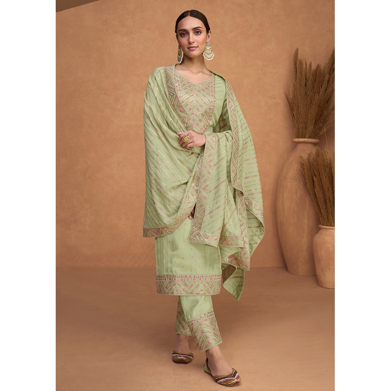 Beautiful Light Green Premium Silk Pant Style Salwar Suit