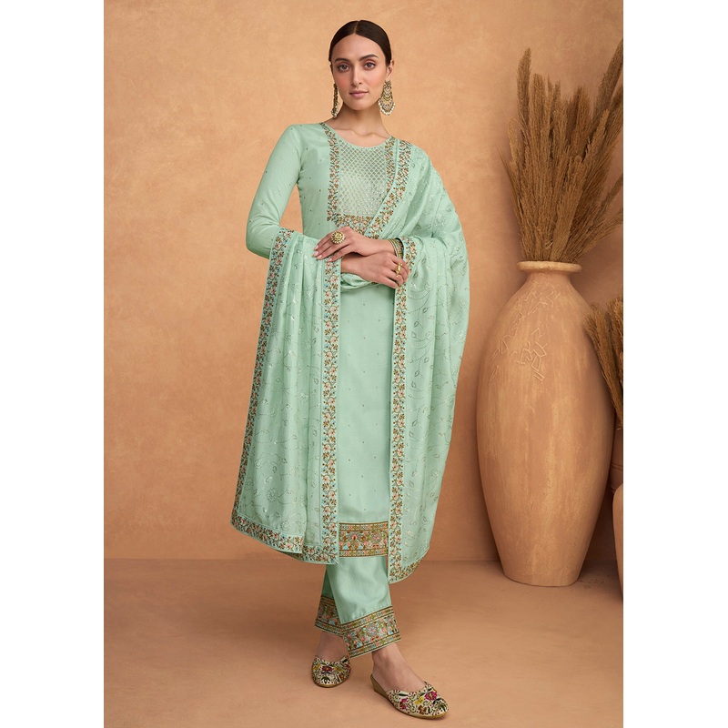 Beautiful Sea Green Premium Silk Pant Style Salwar Suit