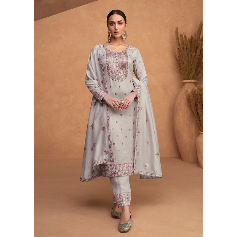Beautiful Slate Grey Premium Silk Pant Style Salwar Suit
