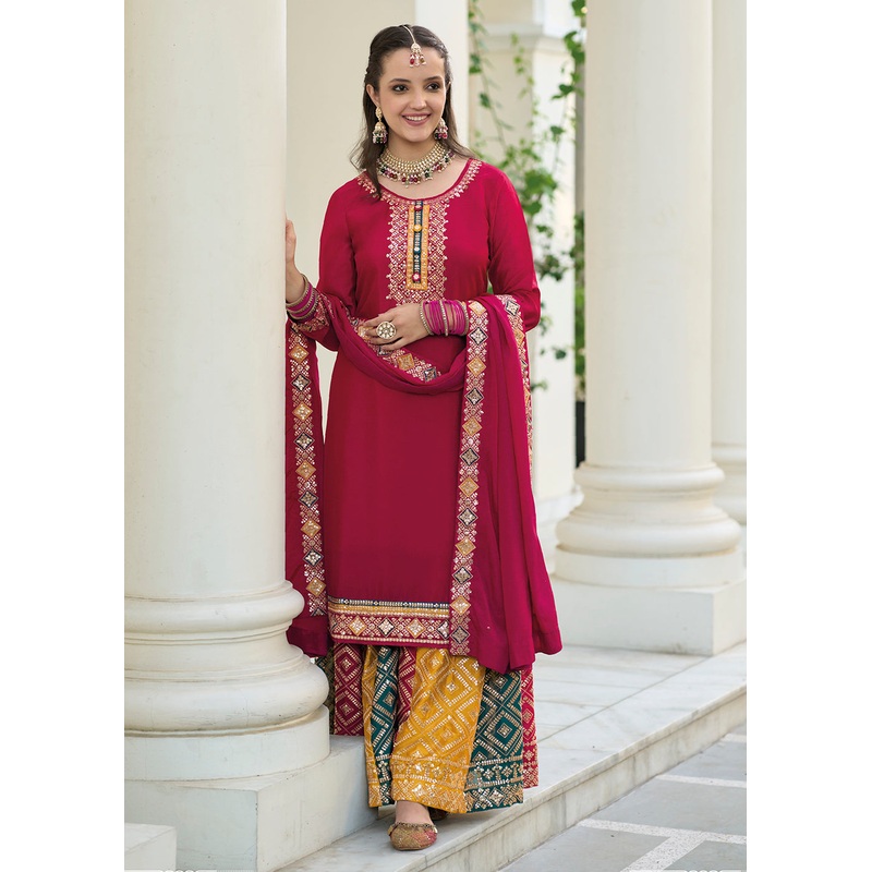 Blooming Chinon Pink Embroidered Wedding Wear Palazzo Suit