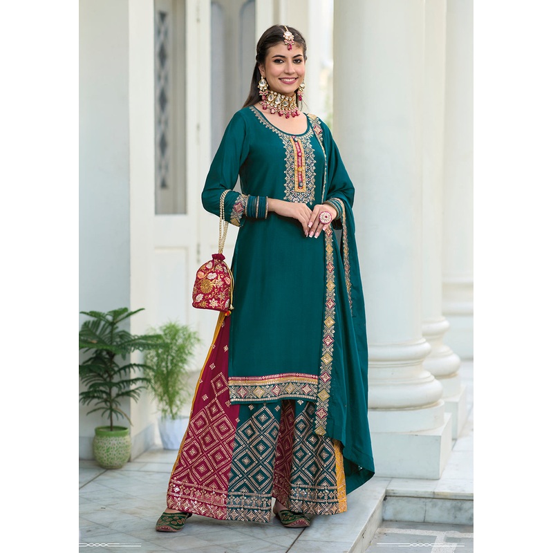 Blooming Chinon Teal Green Embroidered Wedding Wear Palazzo Suit