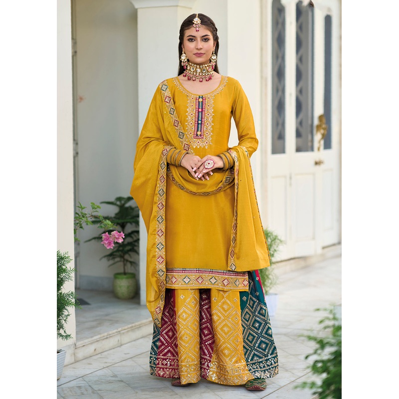 Blooming Chinon Yellow Embroidered Wedding Wear Palazzo Suit