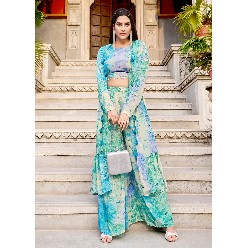 Charming Sky Blue Printed Koti Style Co-Ords Indo-Western Suit