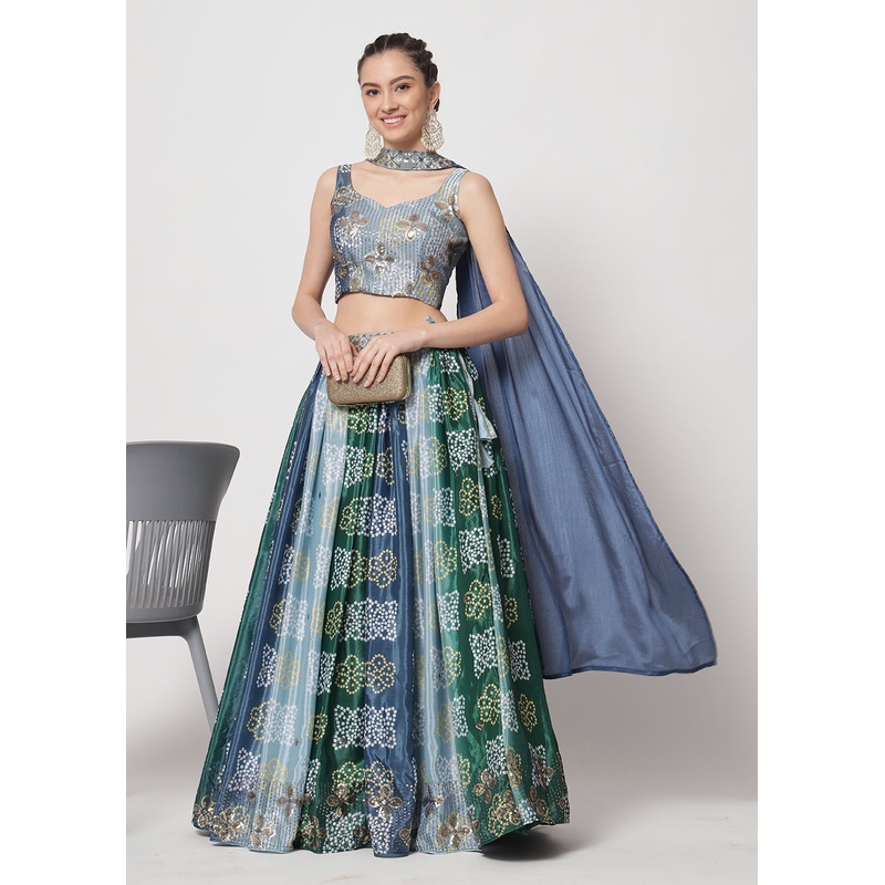 Chinon Silk Blue Sequins & Printed Wedding Party Lehenga Choli