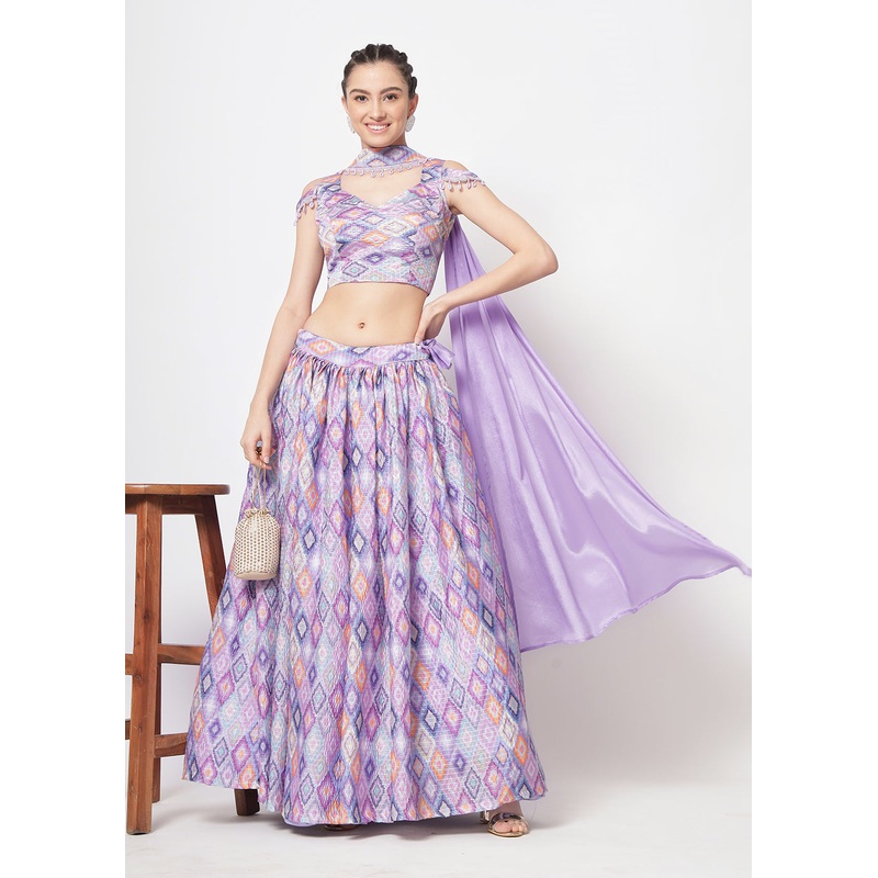 Chinon Silk Lavender Sequins & Printed Wedding Party Lehenga Choli