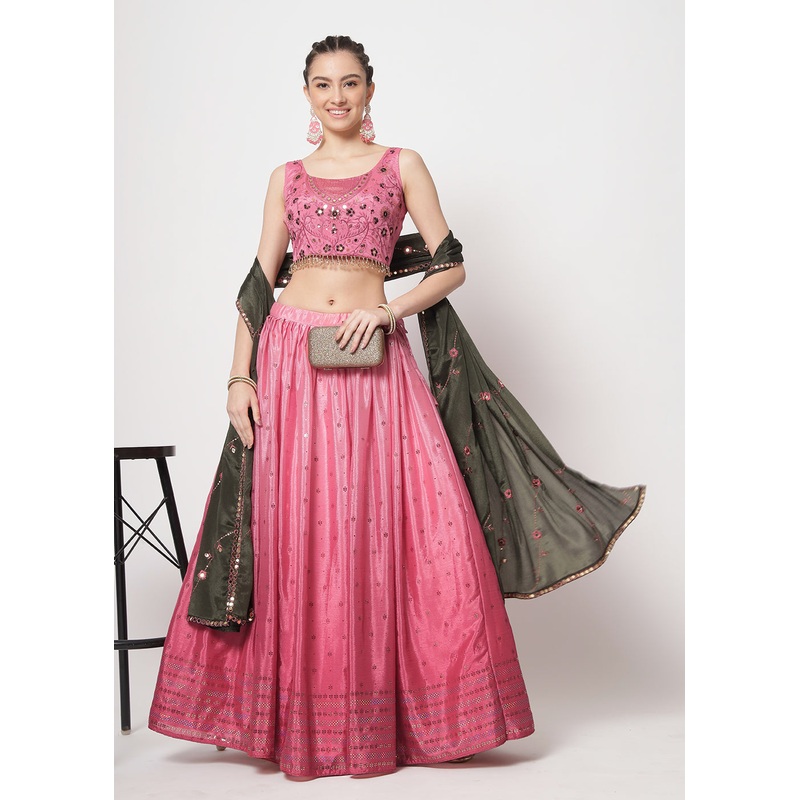 Chinon Silk Pink Mukaish Work Wedding Party Lehenga Choli
