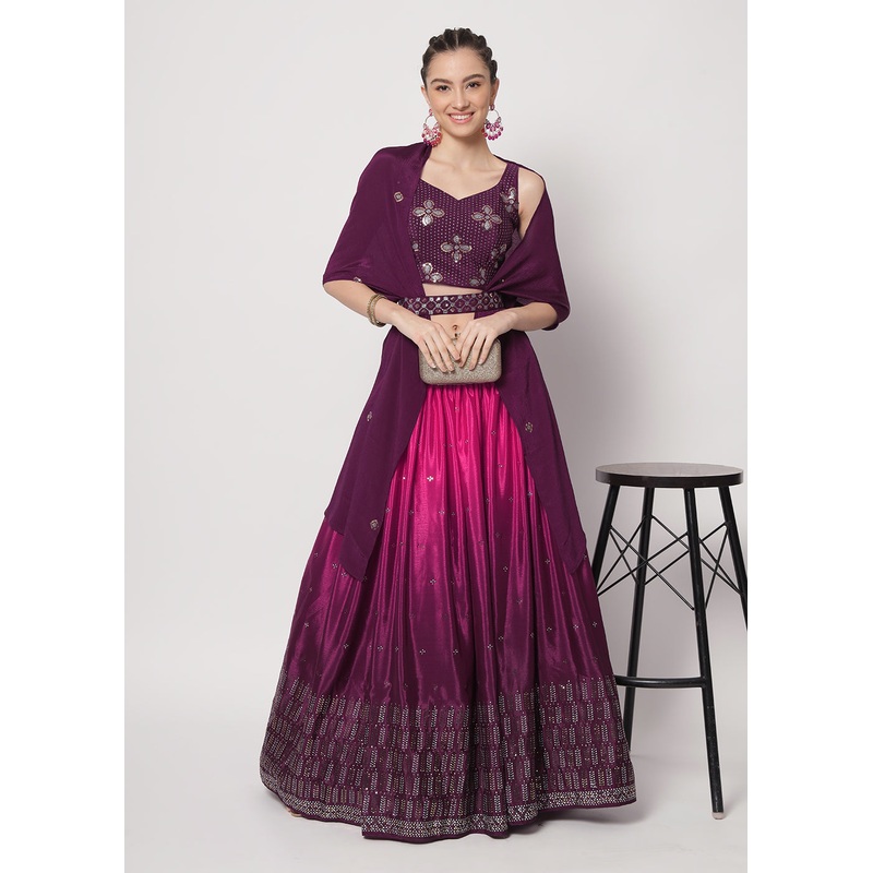 Chinon Silk Purple Mukaish Work Wedding Party Lehenga Choli