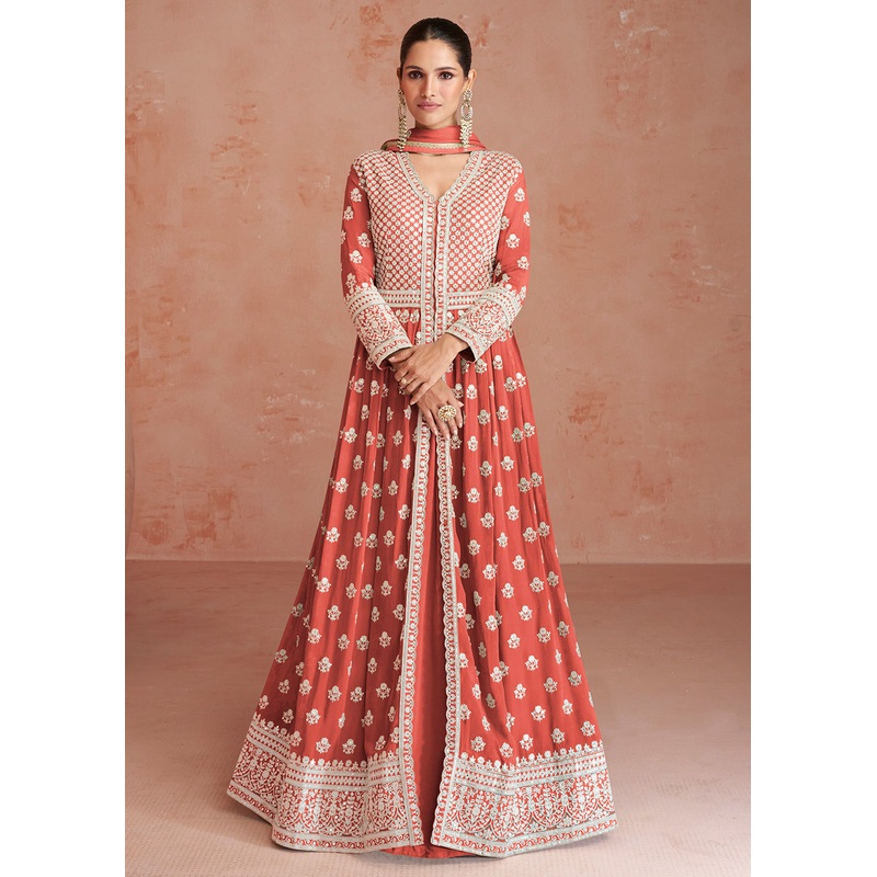 Coral Peach Slit Style Embroidered Georgette Skirt Anarkali Suit