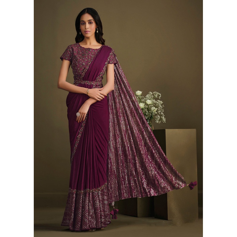 Designer Wine Sequined Crystal Silk Ready to Wear Saree