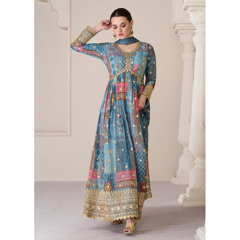 Digital Printed Aqua Blue Premium Organza Silk Anarkali Suit