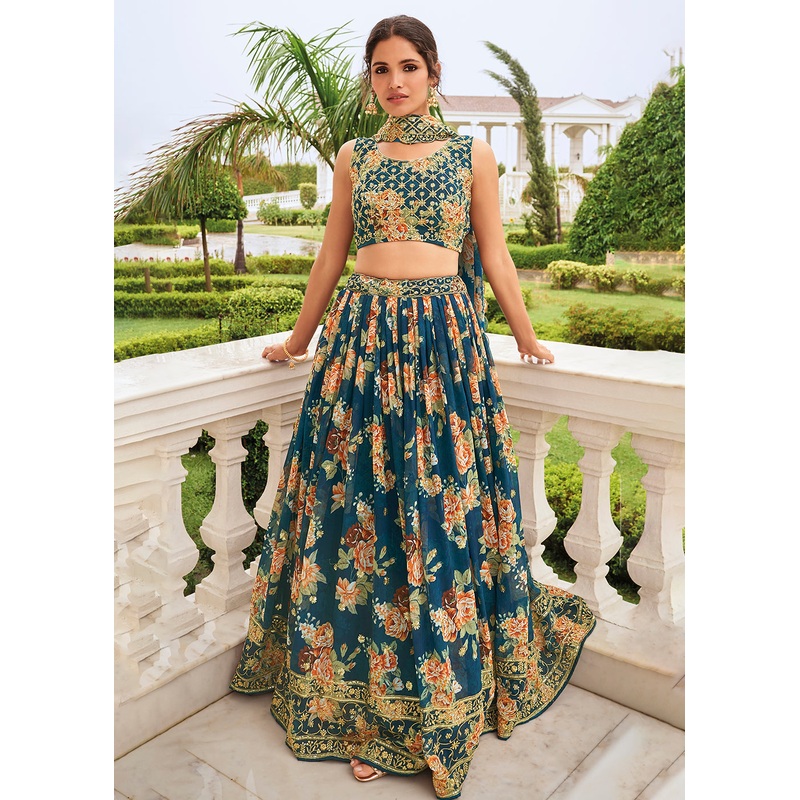 Digital Printed Teal Blue Designer Trendy Lehenga Choli