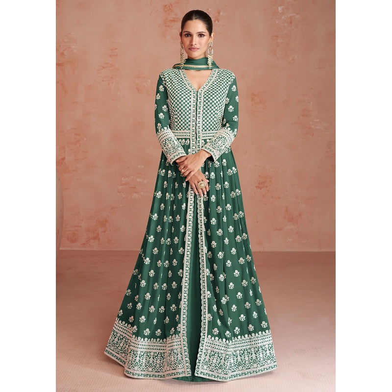 Dusty Green Slit Style Embroidered Georgette Skirt Anarkali Suit