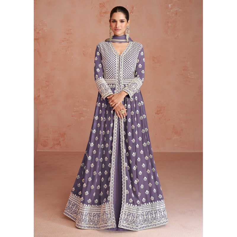 Dusty Lavender Slit Style Embroidered Georgette Skirt Anarkali Suit