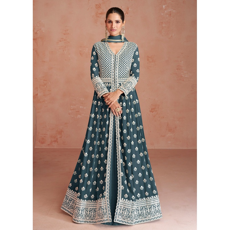Dusty Teal Blue Slit Style Embroidered Georgette Skirt Anarkali Suit