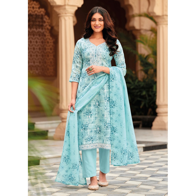 Elegant Blue Lilen Embroidered Trendy Casual Salwar Suit