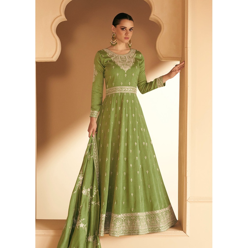 Embroidered Green Premium Silk Mehndi Wear Anarkali Suit