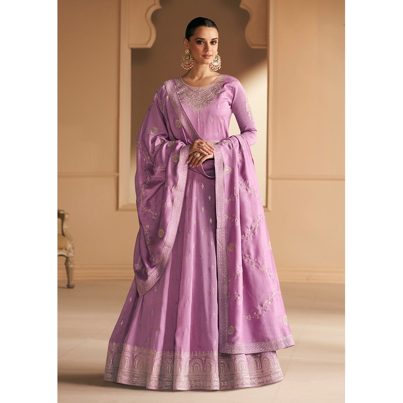 Embroidered Lavender Premium Silk Sangeet Wear Anarkali Suit