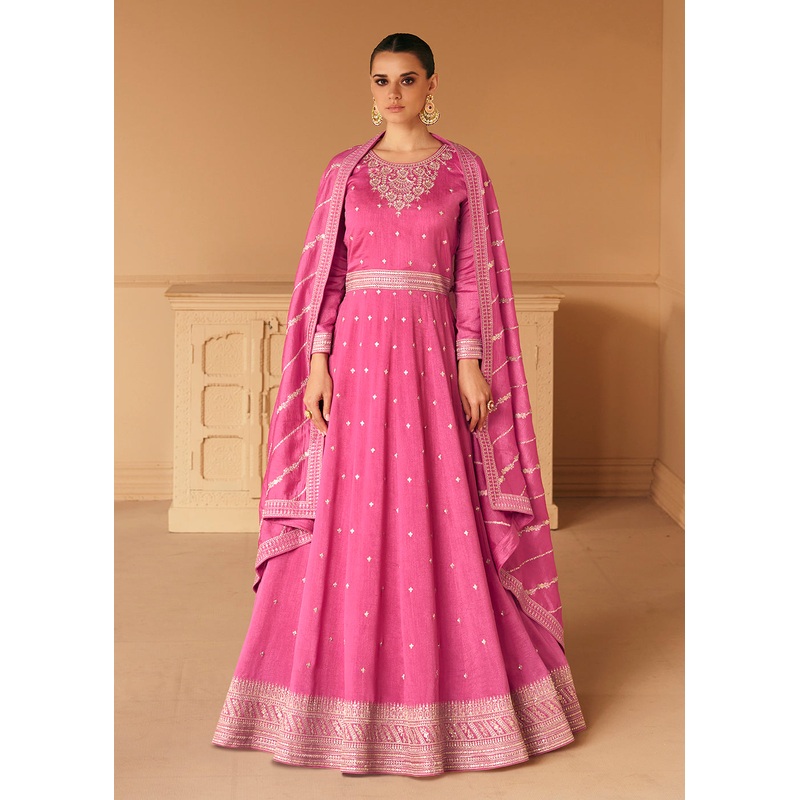 Embroidered Pink Premium Silk Sangeet Wear Anarkali Suit