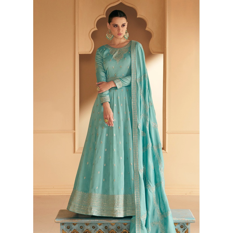 Embroidered Sea Green Premium Silk Sangeet Wear Anarkali Suit