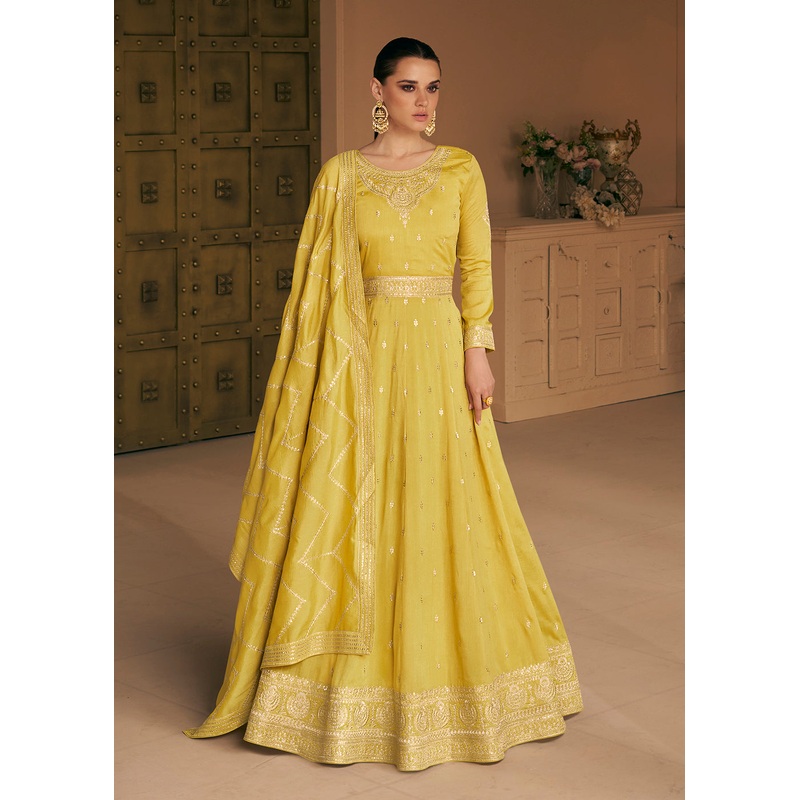 Embroidered Yellow Premium Silk Haldi Wear Anarkali Suit
