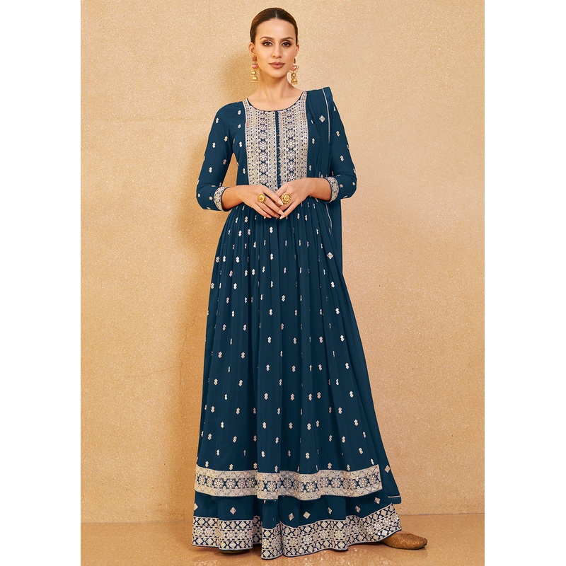 Excellent Teal Blue Real Georgette Palazzo Style Salwar Suit