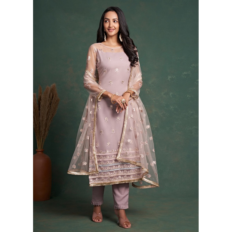 Fabulous Lilac Zari & Sequins Work Net Wedding Wear Salwar Suit