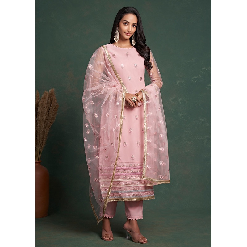 Fabulous Pink Zari & Sequins Work Net Wedding Wear Salwar Suit