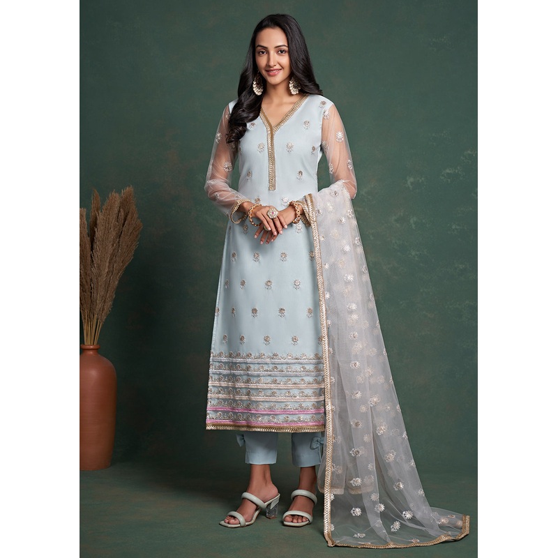 Fabulous Sky Blue Zari & Sequins Work Net Wedding Wear Salwar Suit