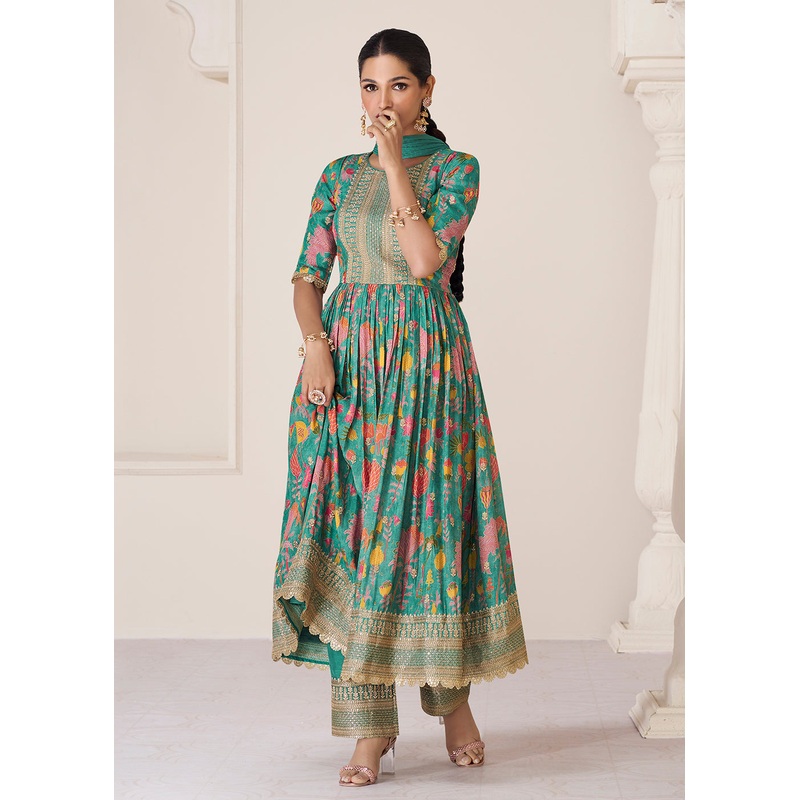 Floral Printed Green Premium Organza Silk Anarkali Suit