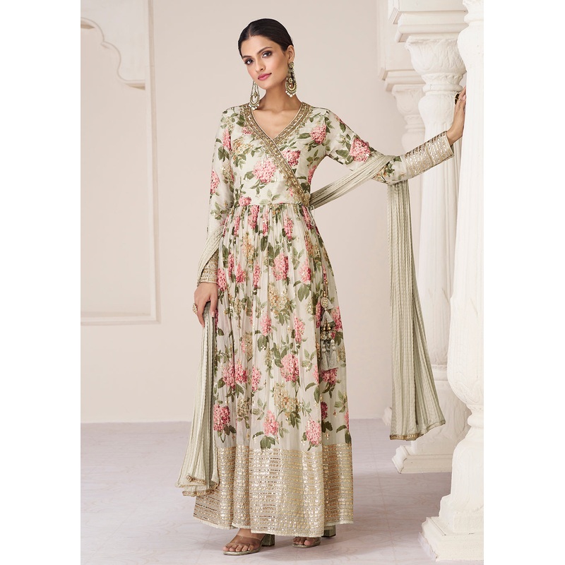 Floral Printed Off White Premium Organza Silk Anarkali Suit