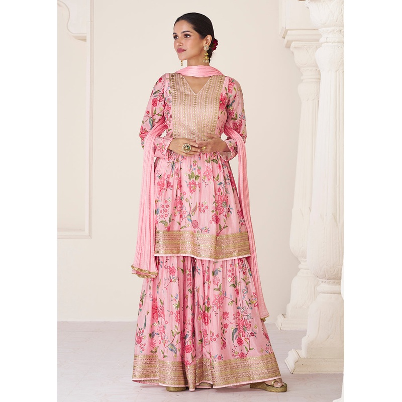 Floral Printed Pink Premium Organza Silk Gharara Style Suit