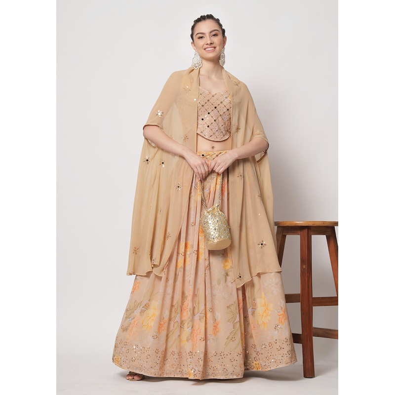 Georgette Beige Sequins & Printed Wedding Party Lehenga Choli