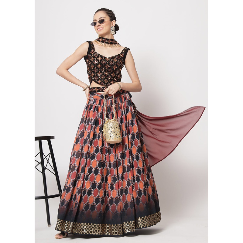 Georgette Black Sequins & Printed Wedding Party Lehenga Choli