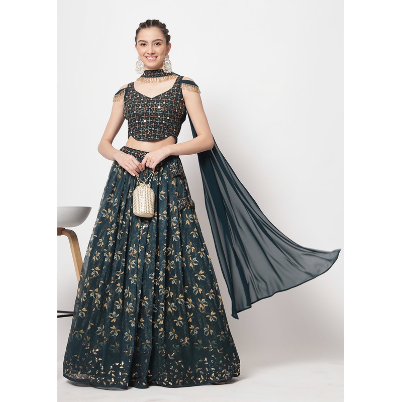Georgette Green Sequins & Printed Wedding Party Lehenga Choli