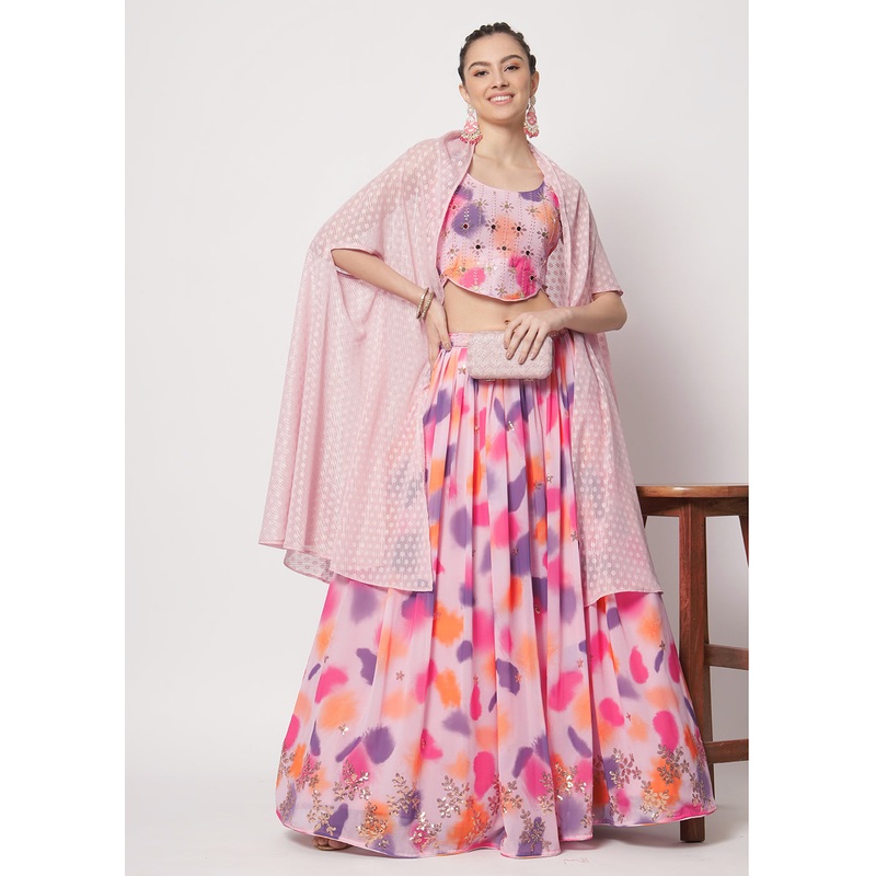 Georgette Pink Sequins & Printed Wedding Party Lehenga Choli