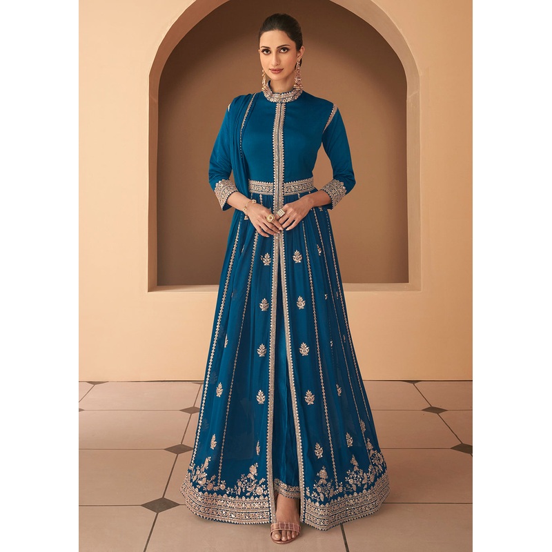 Glorious Blue Front Slit Silk Georgette Anarkali Suit