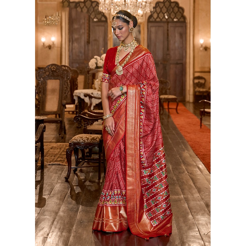 Gorgeous Red Woven Zari & Printed Patola Silk Traditional Saree