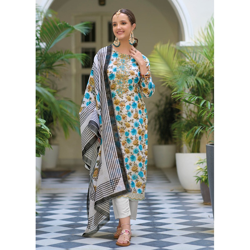Gota Patti Embroidered Cream Lilen Ethnic Salwar Suit
